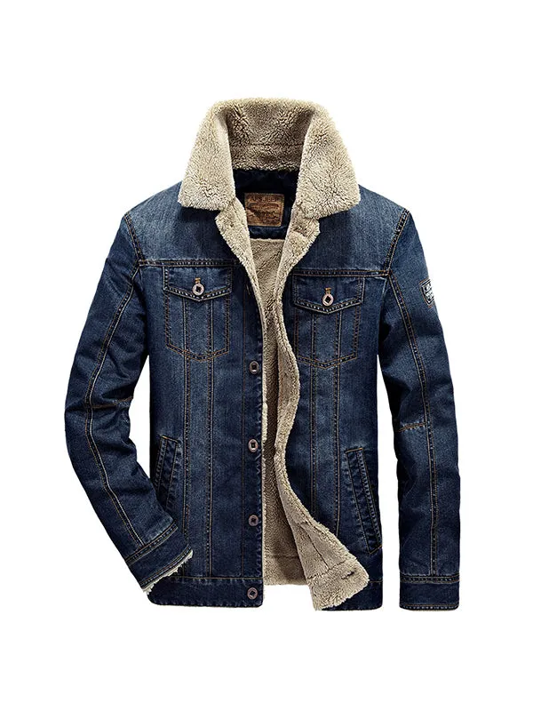 Men's Casual Loose Fleece Cotton Denim Jacket Coat