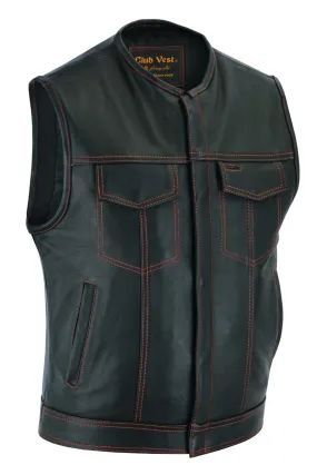 Mens CLUB VEST Red Thread, Concealed Gun Pockets, Heavy Duty Premium Cowhide Leather