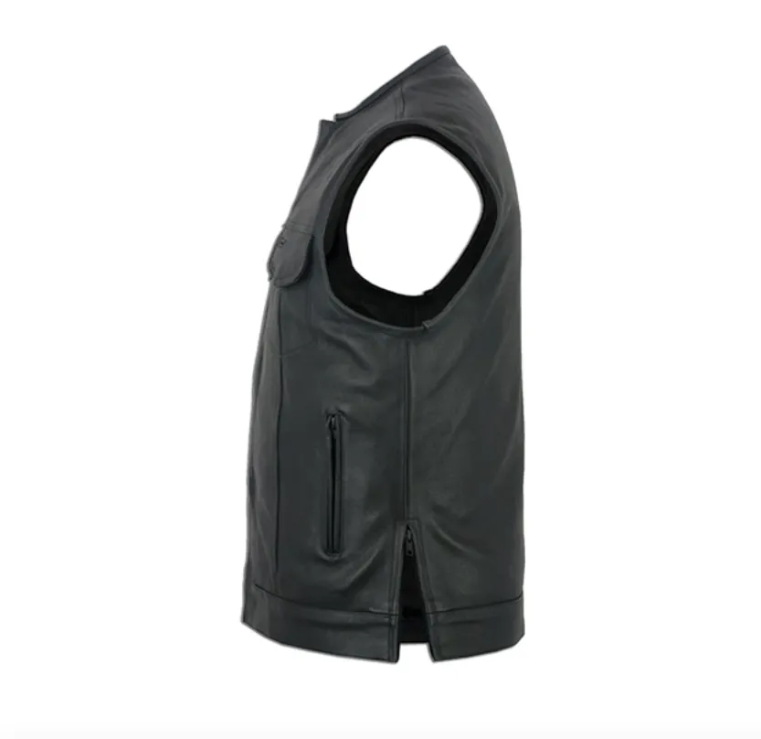 Men's No Collar Motorcycle Vest Single Panel Back With Gun Pockets Side Zippers