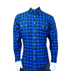 Men's Plush Flannel Blue & Black Buffalo Check Western Shirt