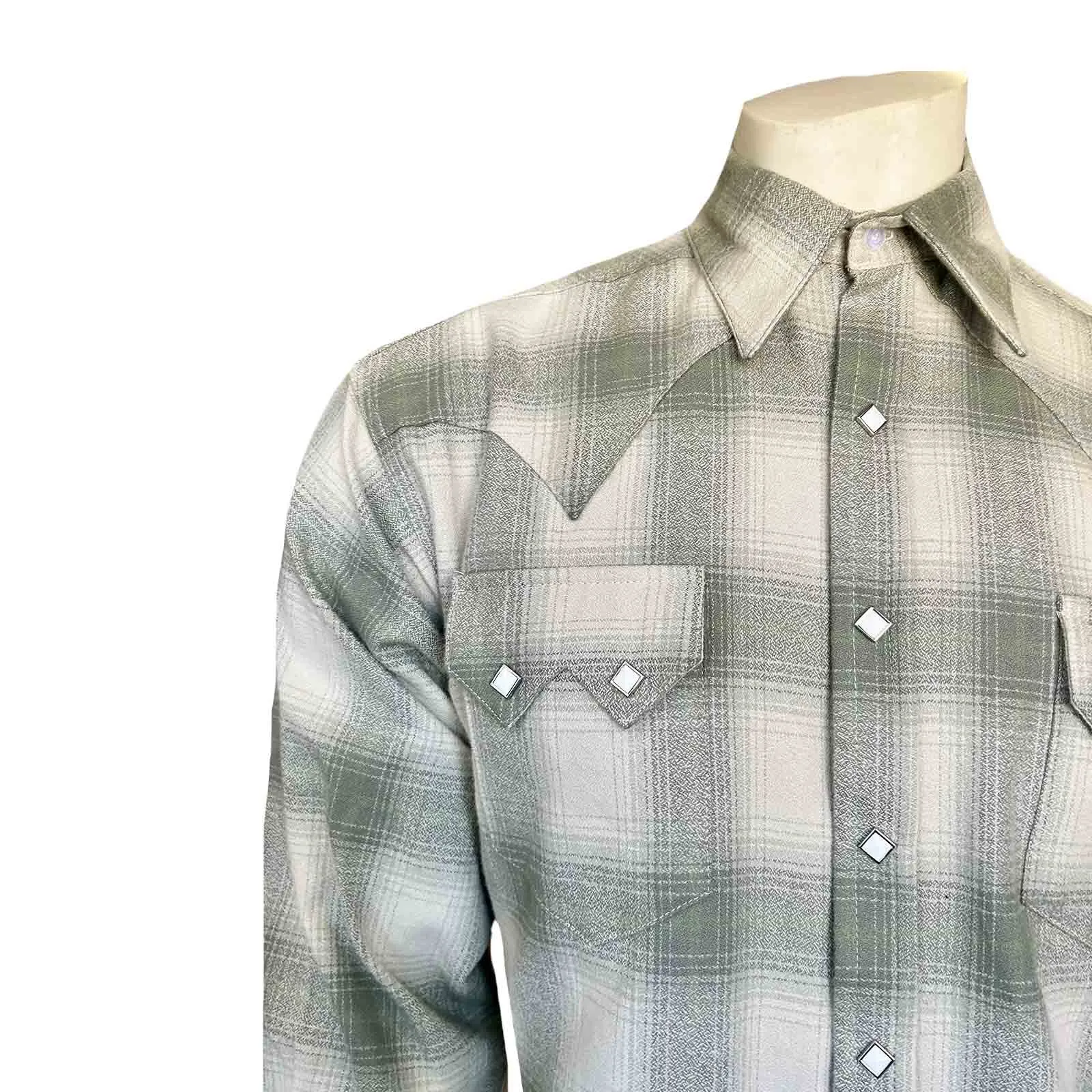 Men's Plush Flannel Green & Beige Plaid Western Shirt