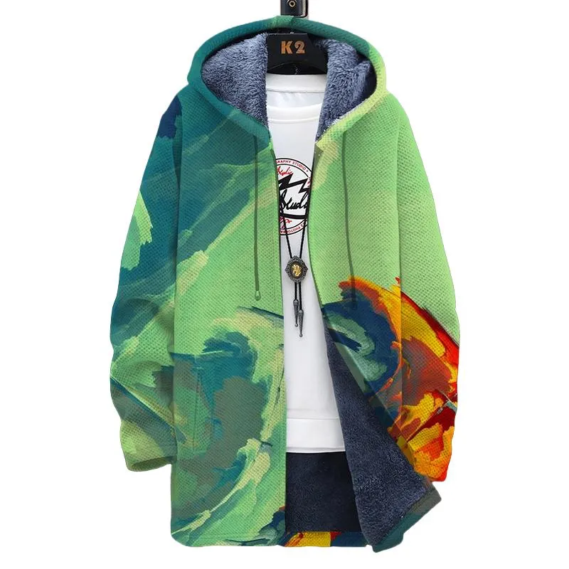 Men's Printed Hooded Two-Pocket Plush Thickened Long-Sleeved Cardigan Jacket 26245743L