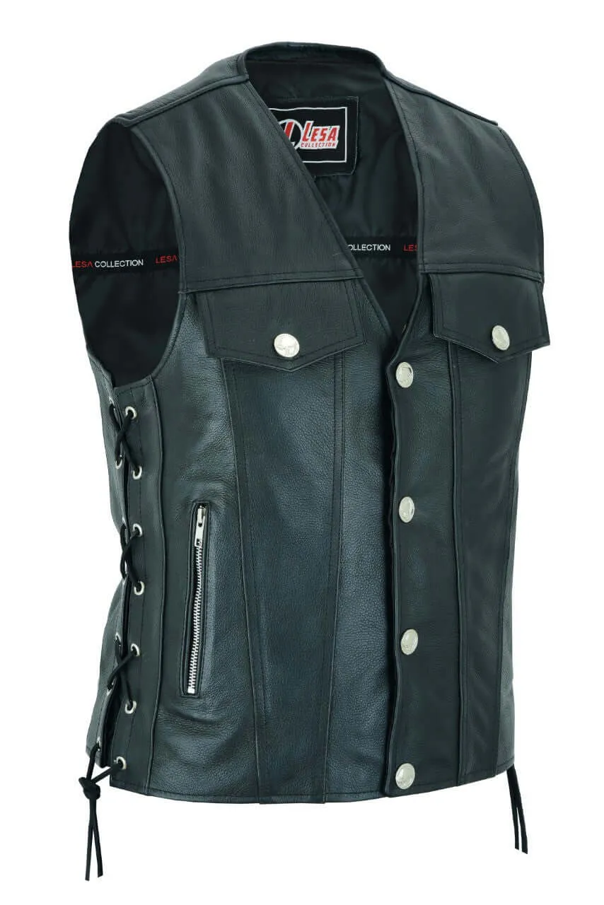 Mens Real Leather Biker Style Waistcoat Motorcycle Side Laces Black Vest