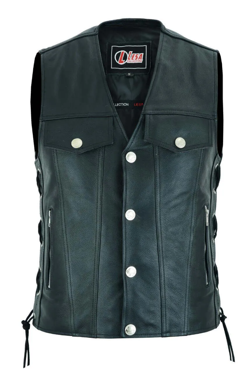 Mens Real Leather Biker Style Waistcoat Motorcycle Side Laces Black Vest