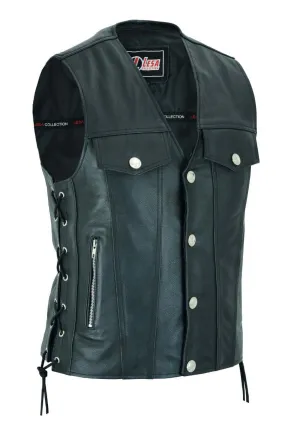 Mens Real Leather Biker Style Waistcoat Motorcycle Side Laces Black Vest