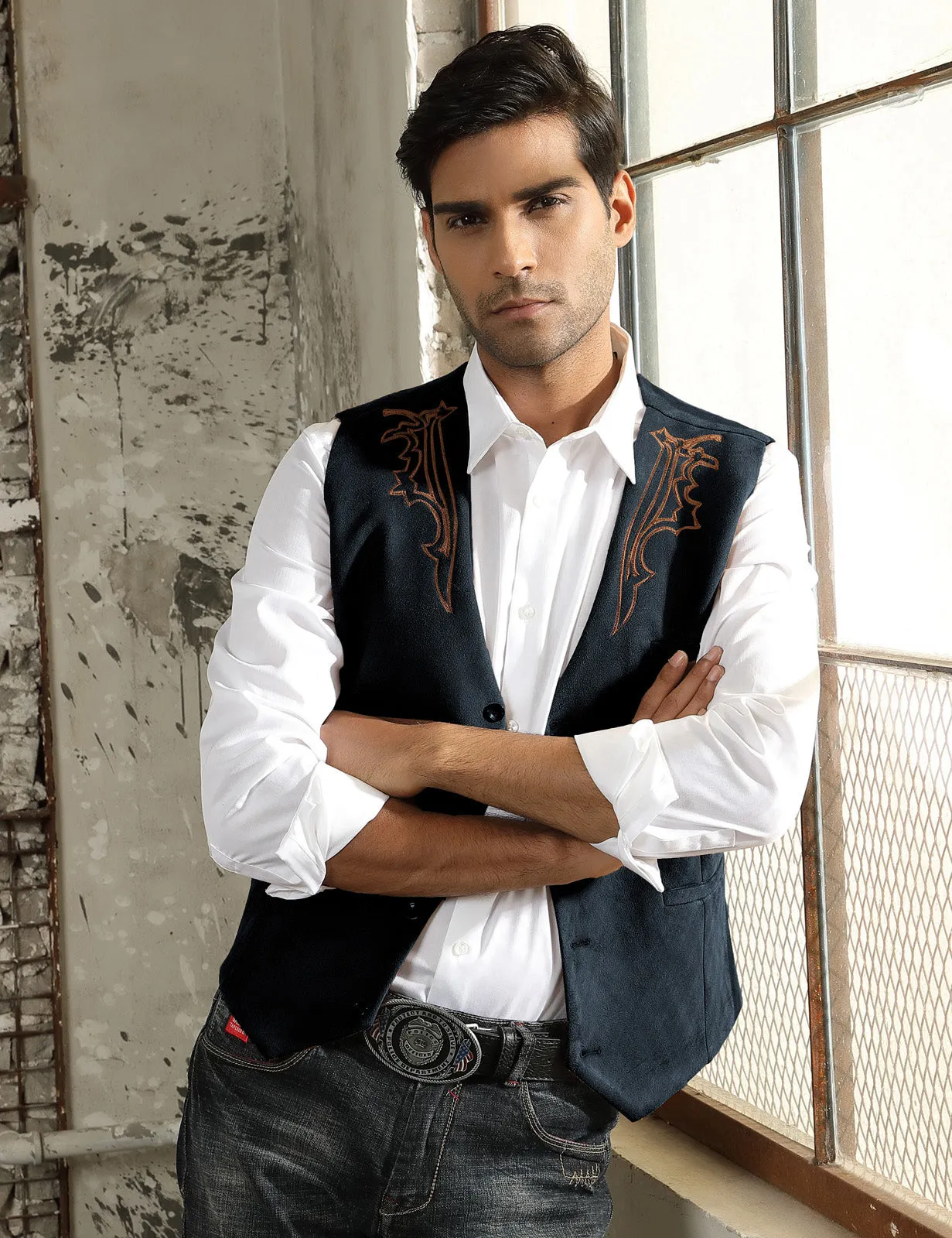 Men's Suede Leather Suit Vest Embroidery Leisure Slim Fit Western Vest Waistcoat