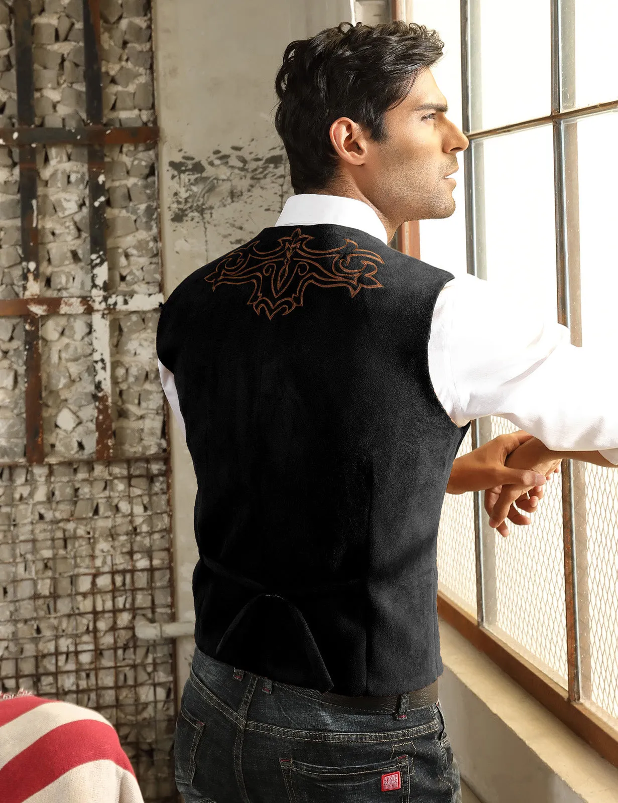 Men's Suede Leather Suit Vest Embroidery Leisure Slim Fit Western Vest Waistcoat