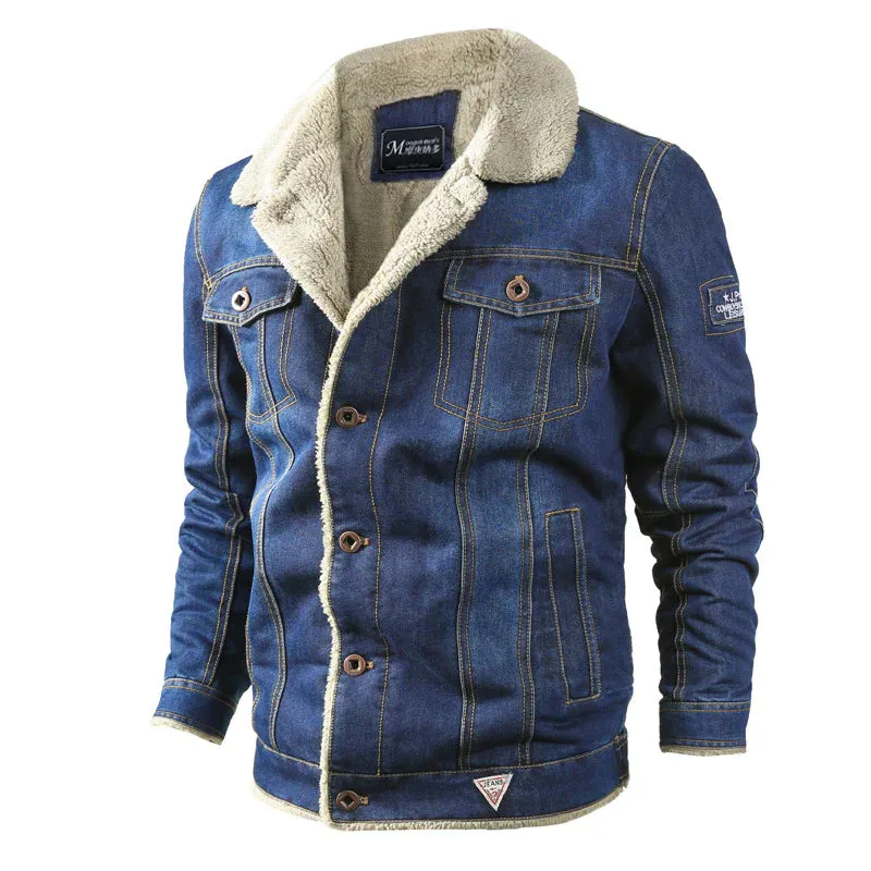 Men's Winter Casual Fleece Thick Lapel Oversized Denim Jacket