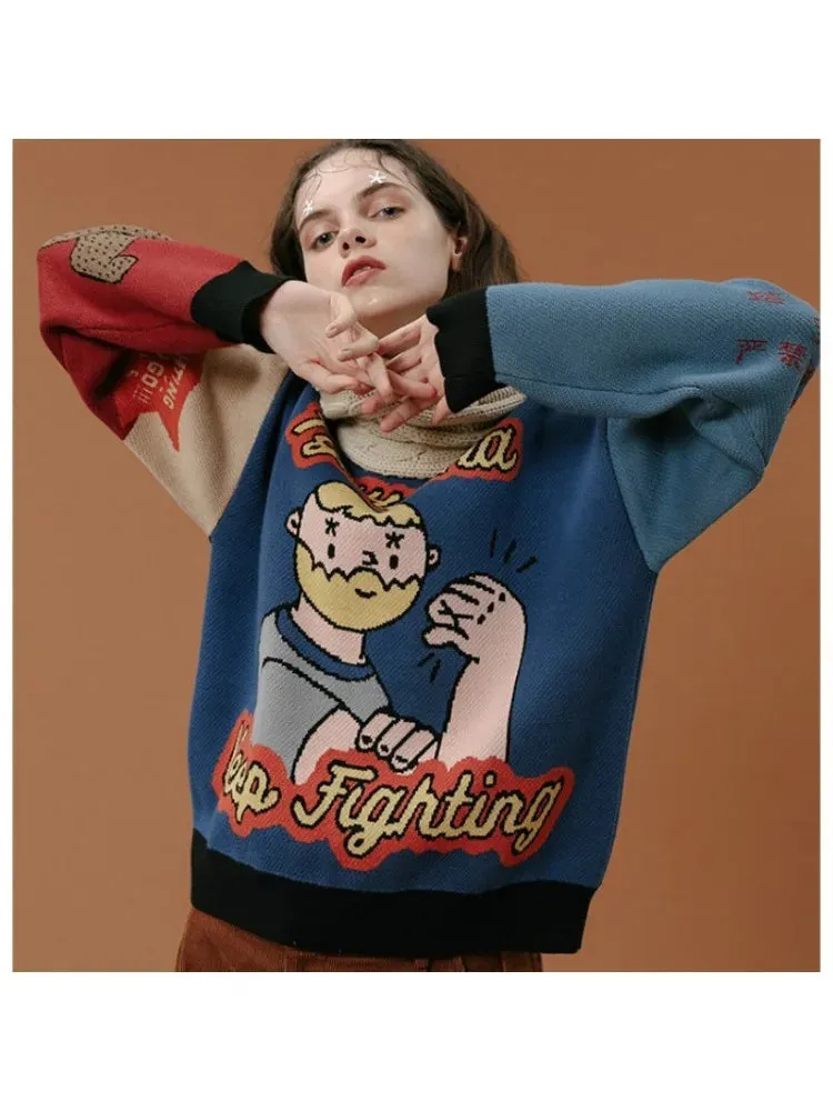 Metaversmall Winter Thick Warm Sweater Women Funny Cartoon Jacquard Letter Female Pullover Sweaters Knit Drop Shouder Tops