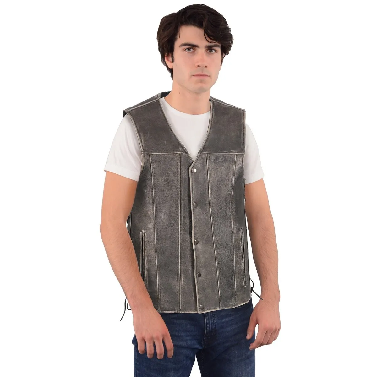 Milwaukee Leather MLM3521 Men's Distress Grey Leather Vest - V-Neck Straight Bottom Side Lace Motorcycle Rider Vest