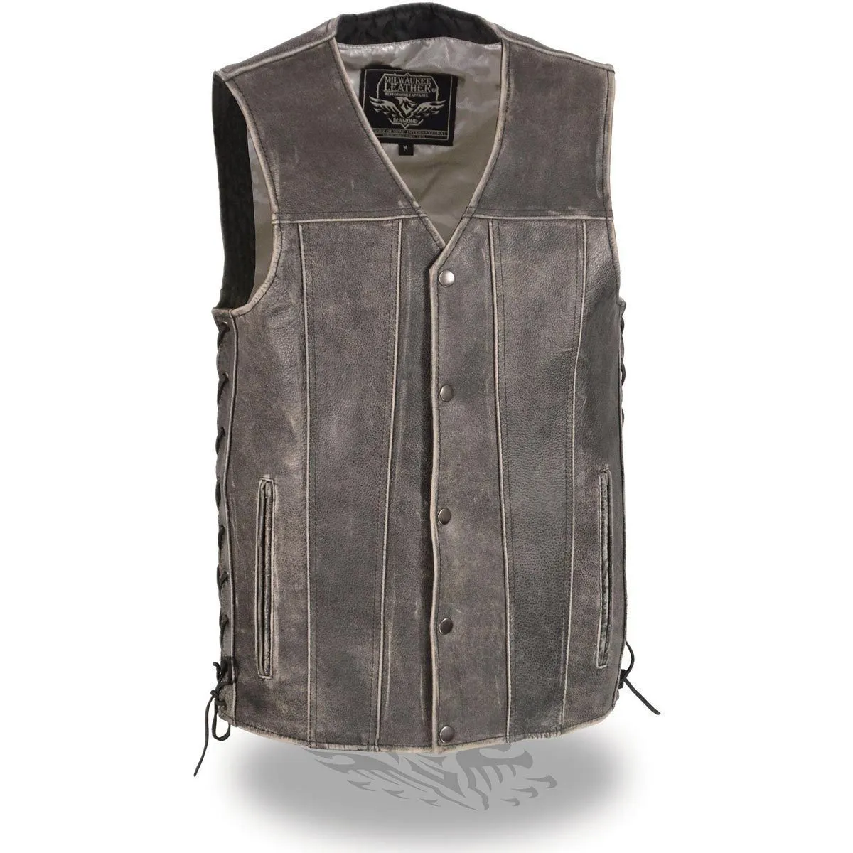 Milwaukee Leather MLM3521 Men's Distress Grey Leather Vest - V-Neck Straight Bottom Side Lace Motorcycle Rider Vest