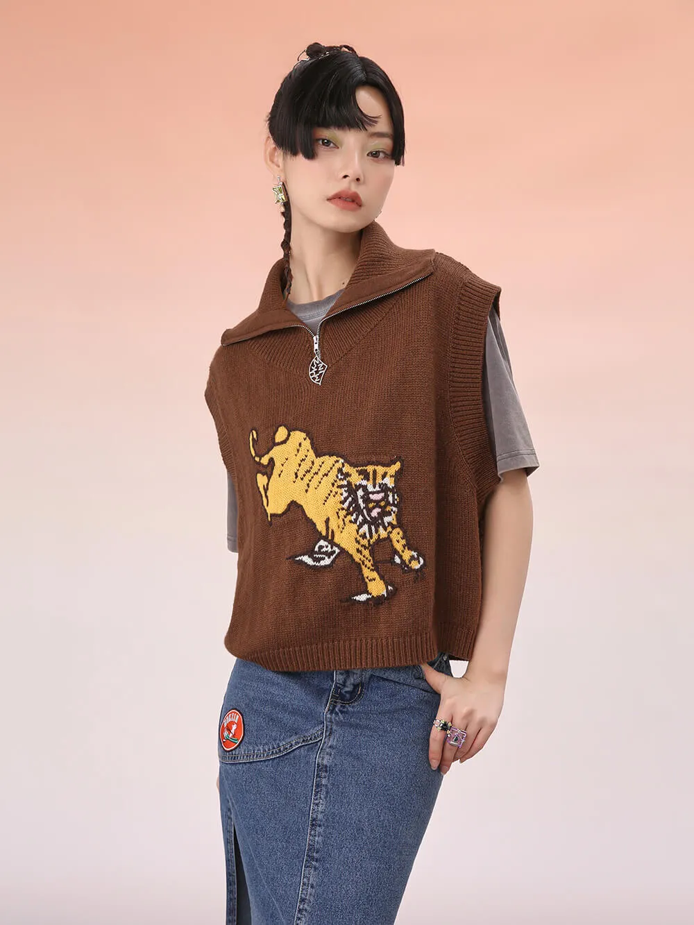 MUKZIN Brown Knitted Loose Short Vest