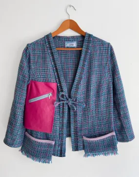 Multicolor Textured Tweed Blazer With Leather