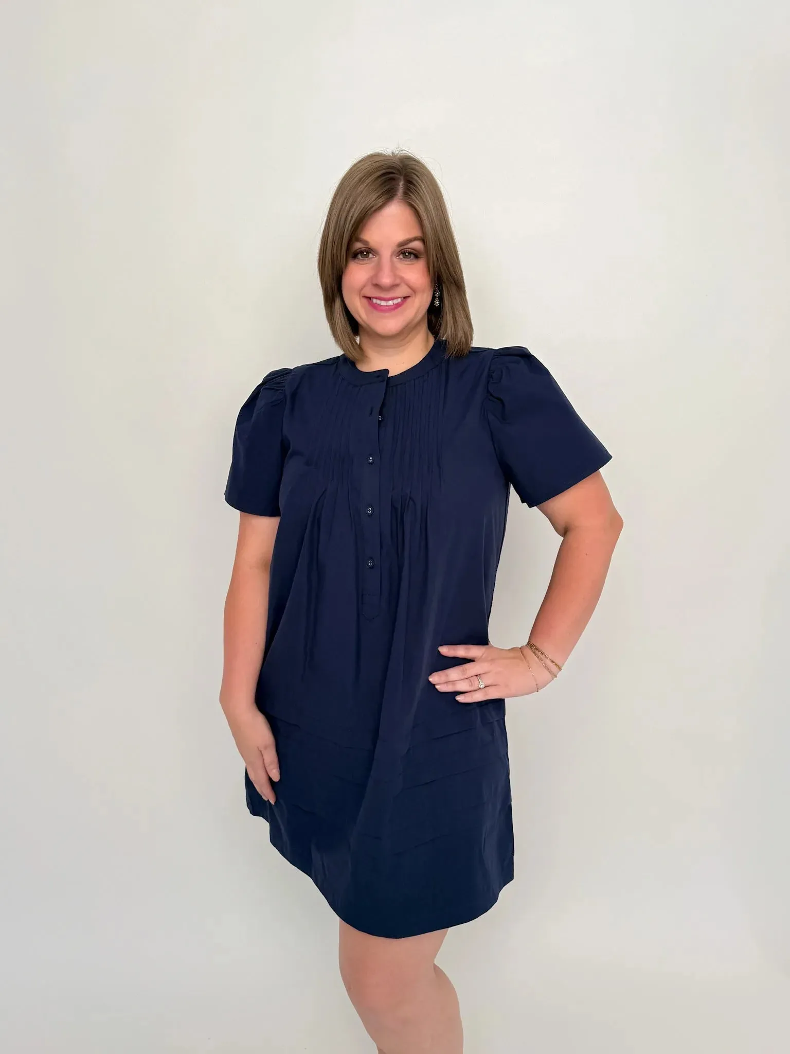 Navy Pleated Poplin Dress