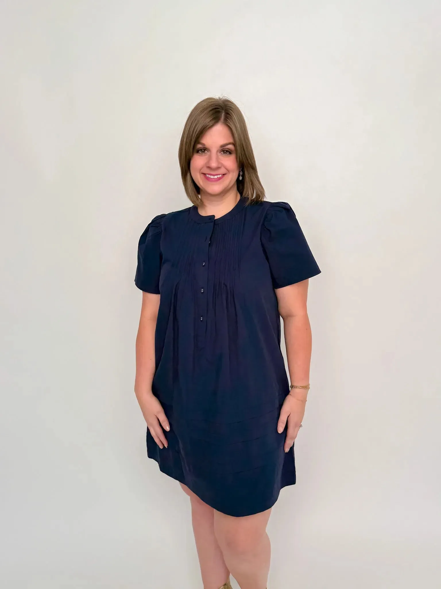 Navy Pleated Poplin Dress