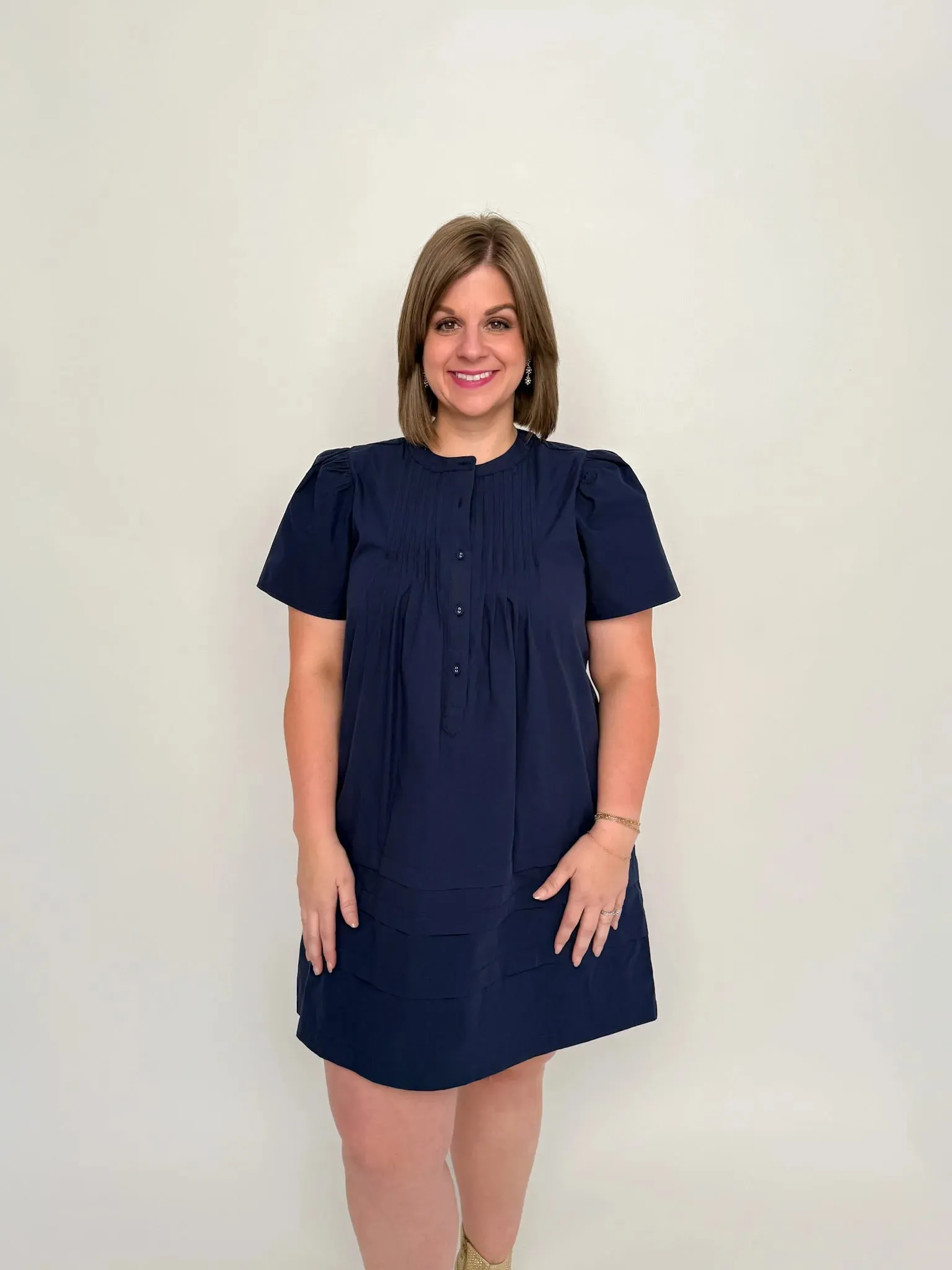 Navy Pleated Poplin Dress