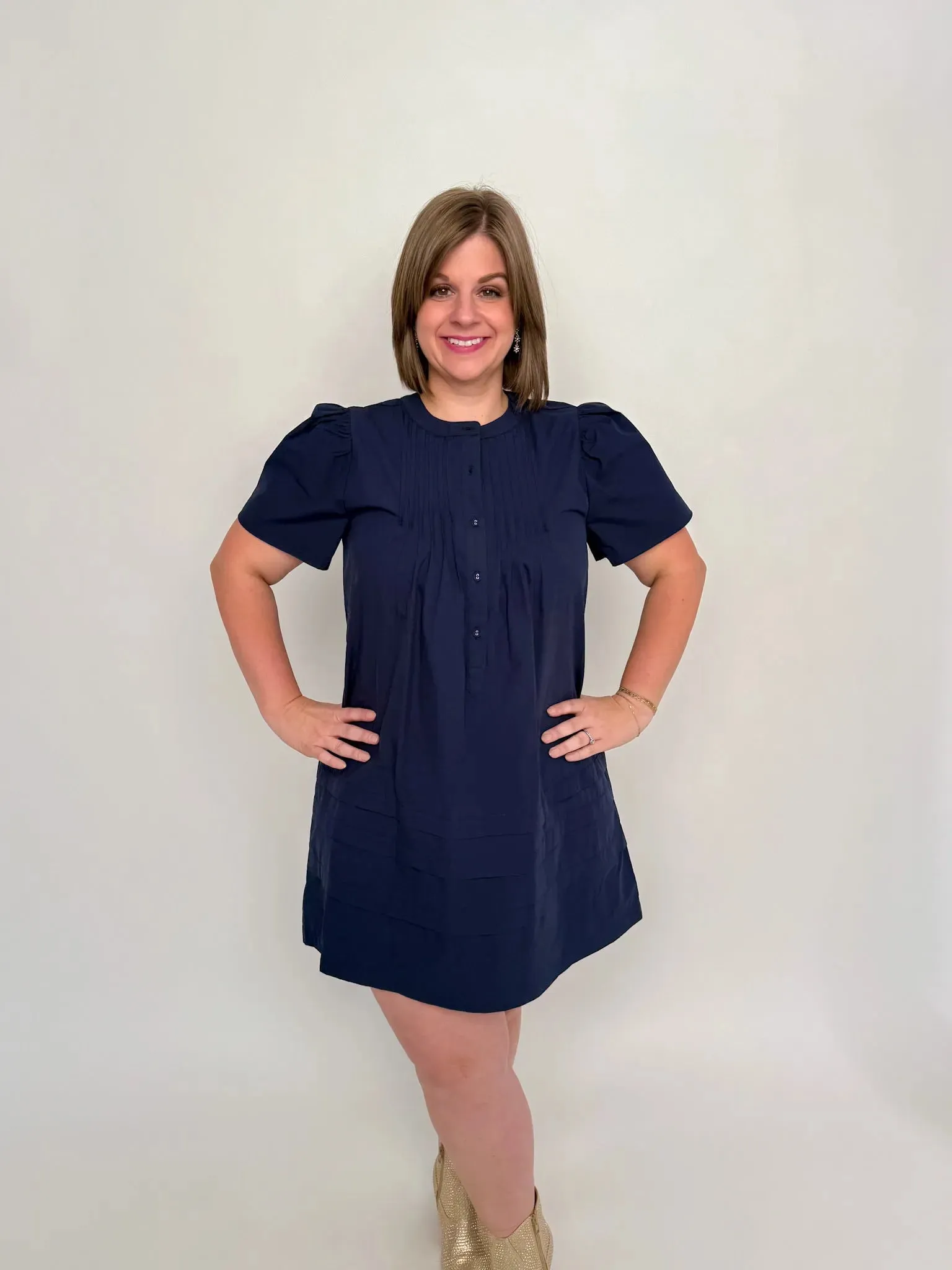 Navy Pleated Poplin Dress