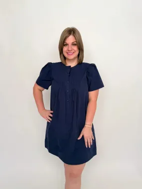 Navy Pleated Poplin Dress