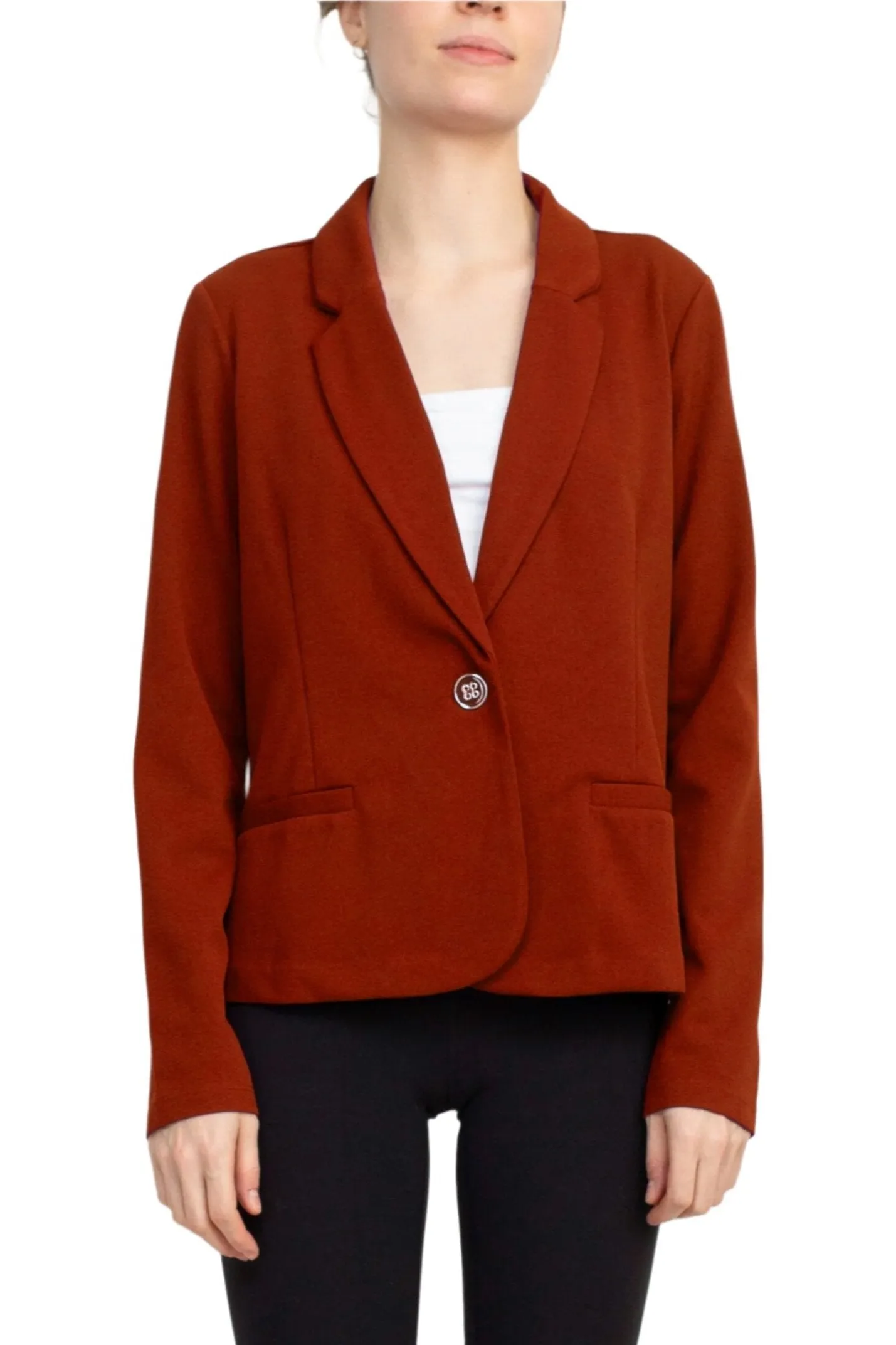 Nina Leonard Collar Neck One Button Long Sleeve Crepe Blazer