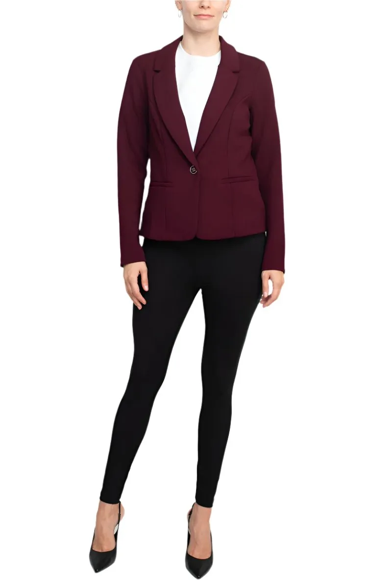 Nina Leonard Collar Neck One Button Long Sleeve Crepe Blazer