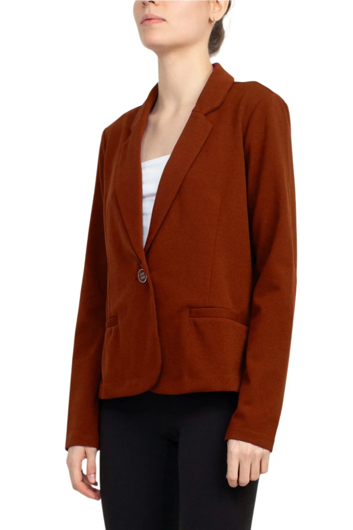 Nina Leonard Collar Neck One Button Long Sleeve Crepe Blazer