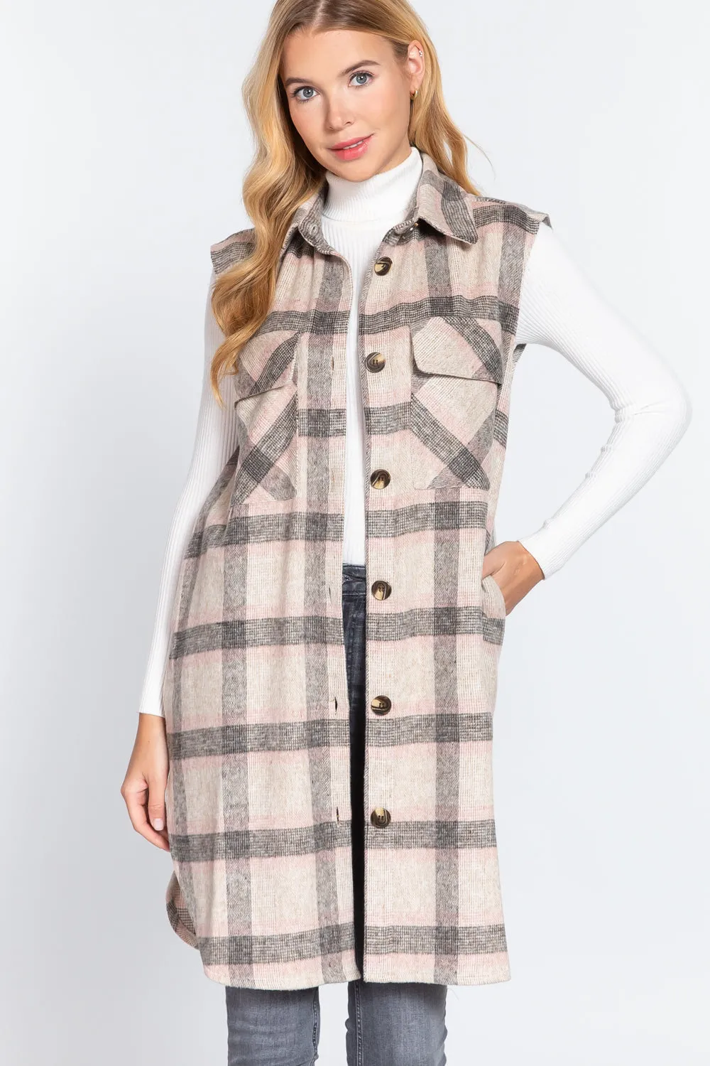 Notched Collar Brushed Plaid Vest - 2 styles