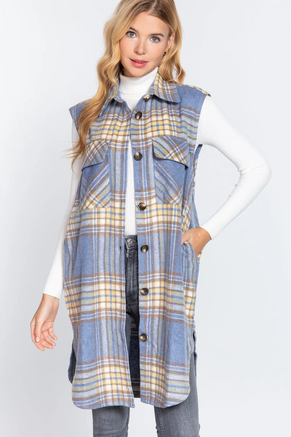 Notched Collar Brushed Plaid Vest - 2 styles