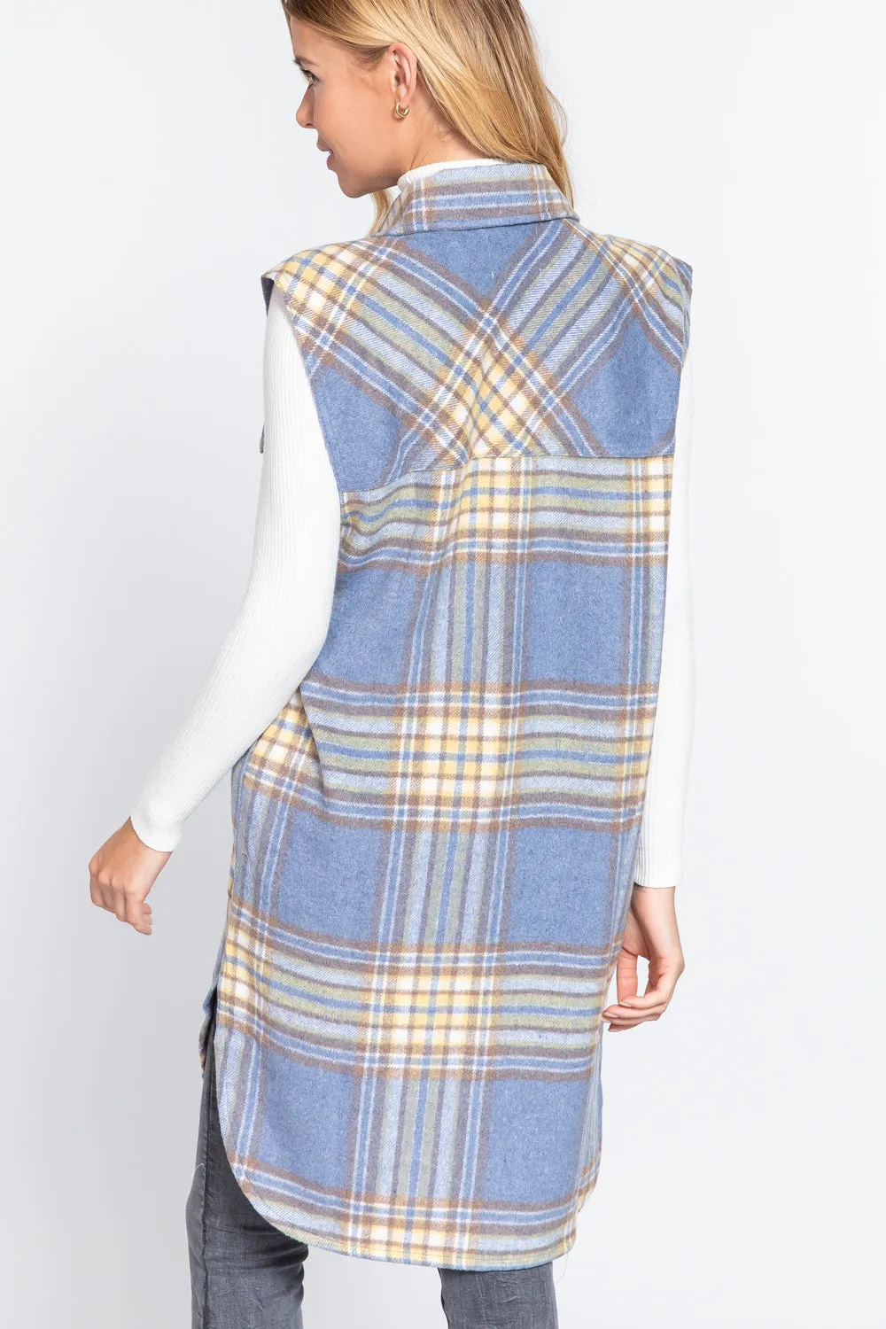 Notched Collar Brushed Plaid Vest - 2 styles