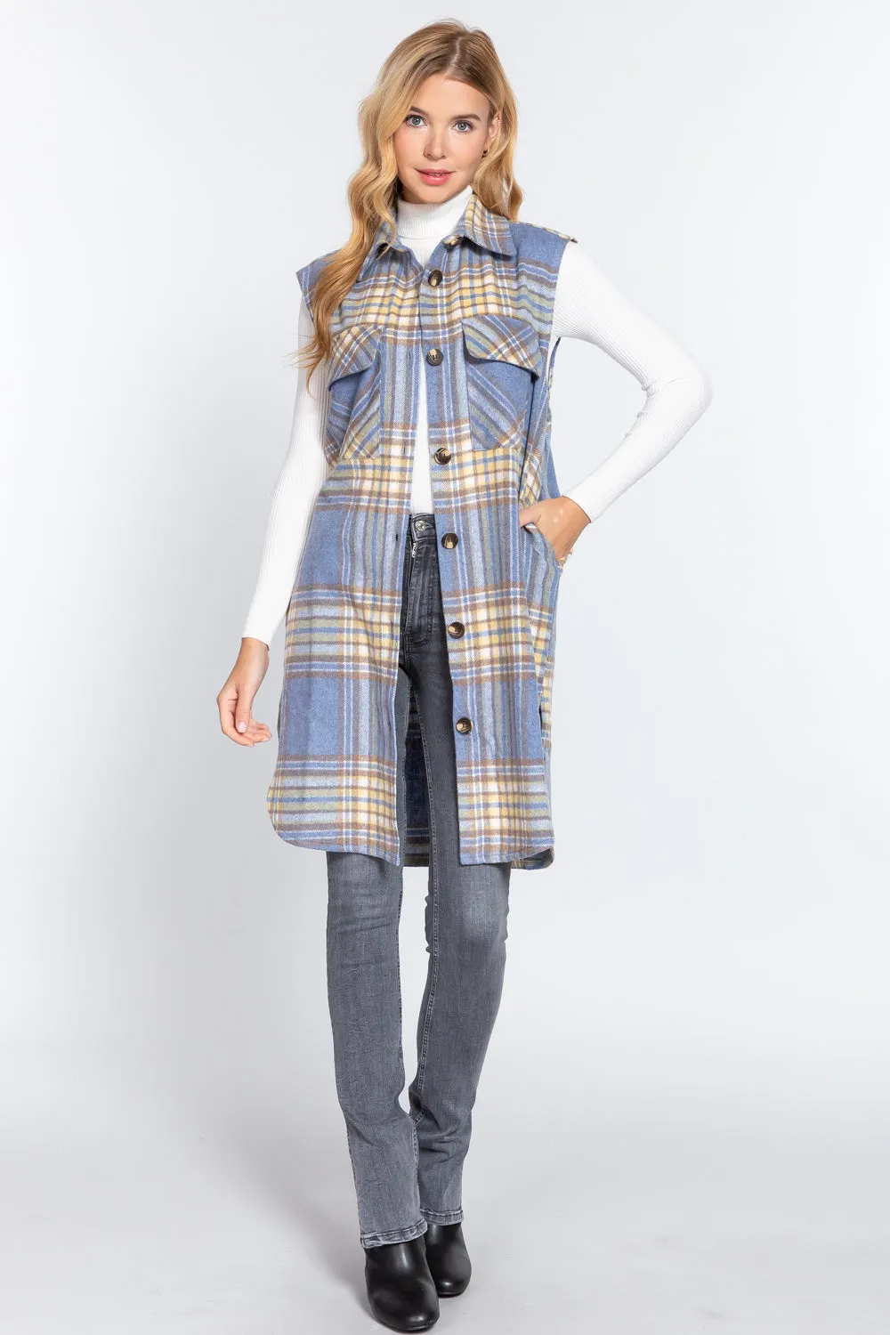 Notched Collar Brushed Plaid Vest - 2 styles