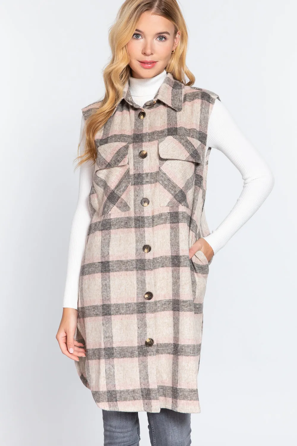 Notched Collar Brushed Plaid Vest - 2 styles