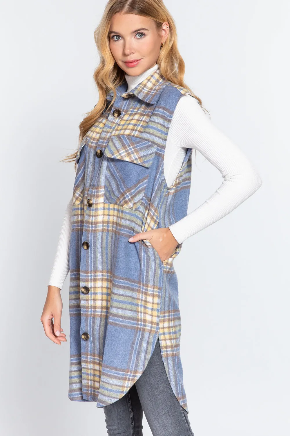 Notched Collar Brushed Plaid Vest - 2 styles