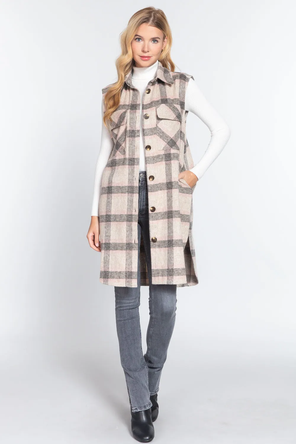 Notched Collar Brushed Plaid Vest - 2 styles