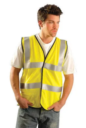 OccuNomix 3X Hi-Viz Yellow OccuLux Premium Flame Resistant Modacrylic Mesh Class 2 Dual Stripe Vest With Front Hook And Loop Closure, 3M Scotchlite 2" Silver Reflective Tape,