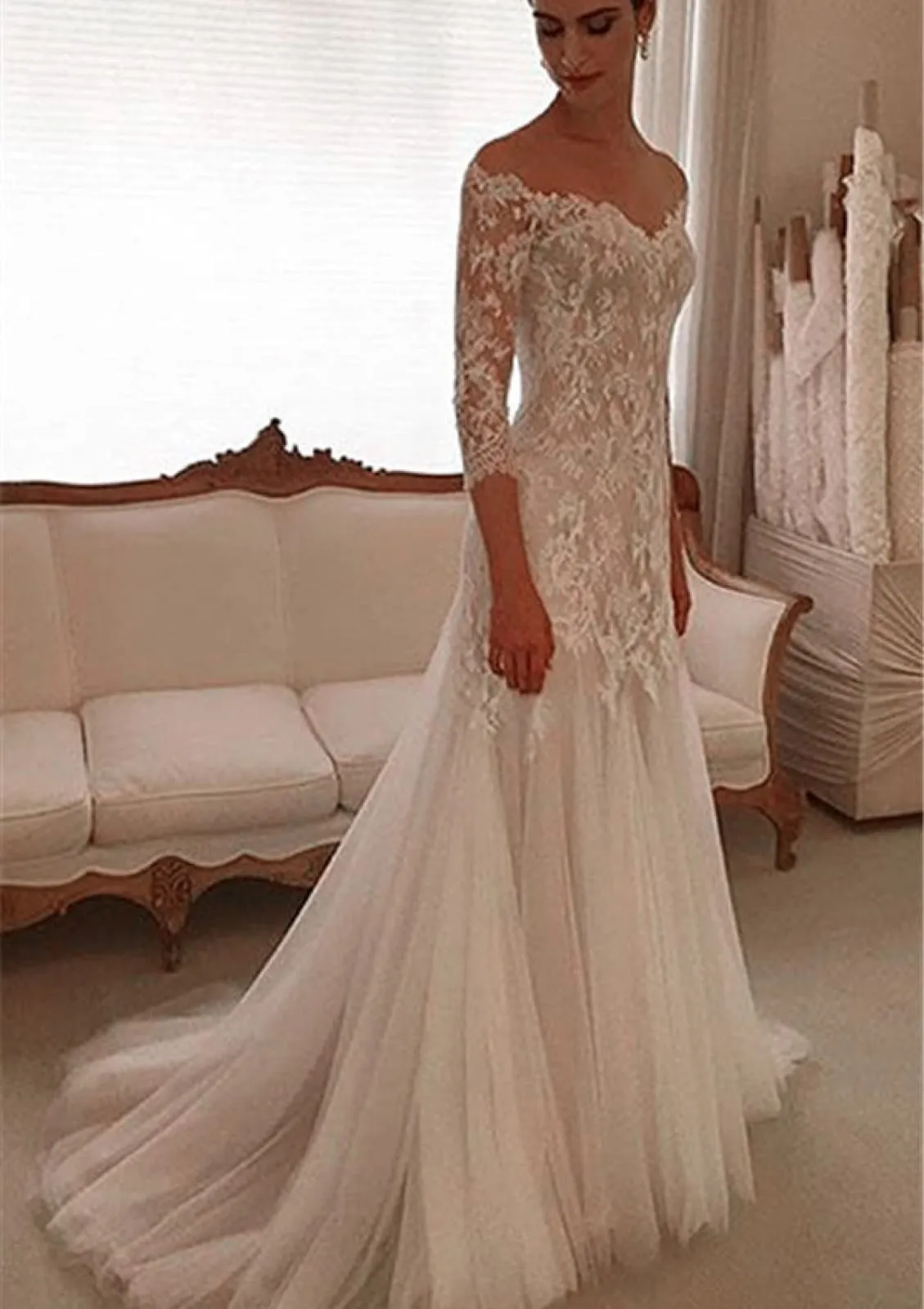 Off Shoulder 3/4 Sleeve Sweep Train Lace Tulle Wedding Dress