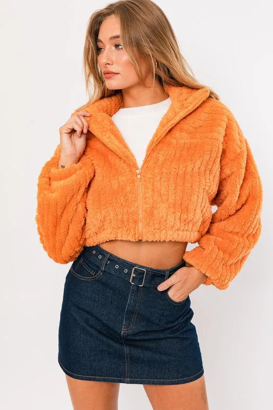 Orange Boxy Fleece Crop Jacket