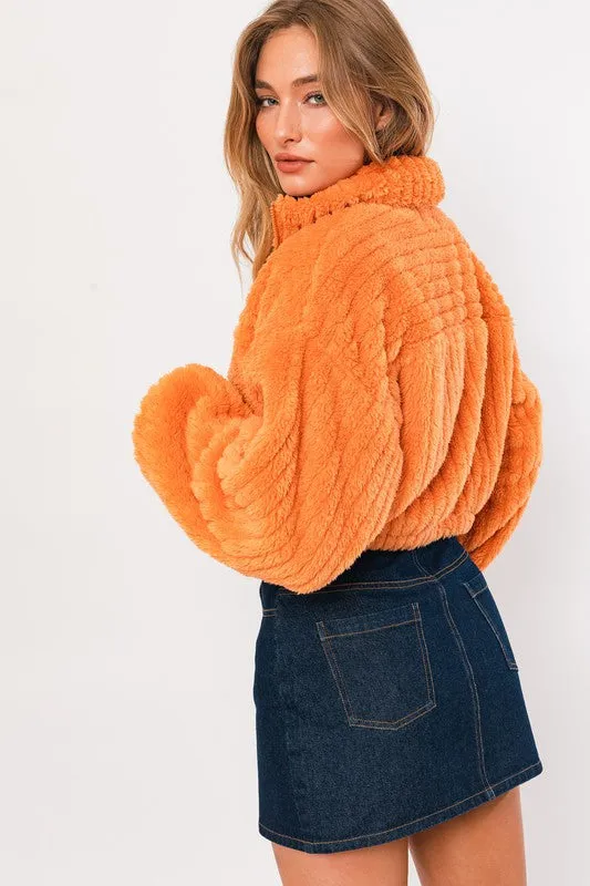 Orange Boxy Fleece Crop Jacket