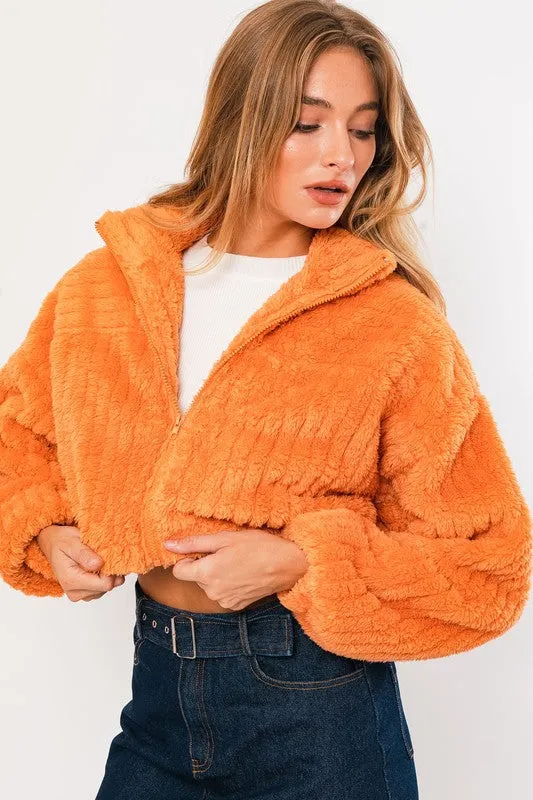 Orange Boxy Fleece Crop Jacket