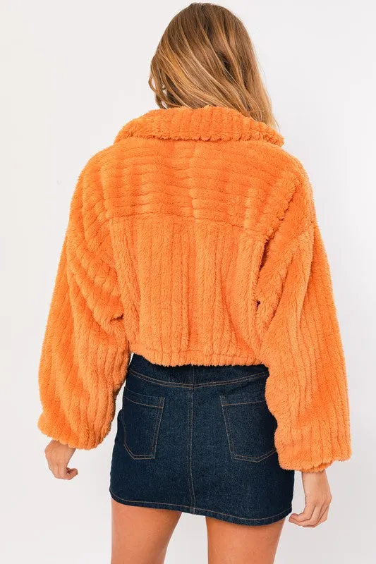 Orange Boxy Fleece Crop Jacket