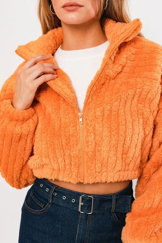 Orange Boxy Fleece Crop Jacket