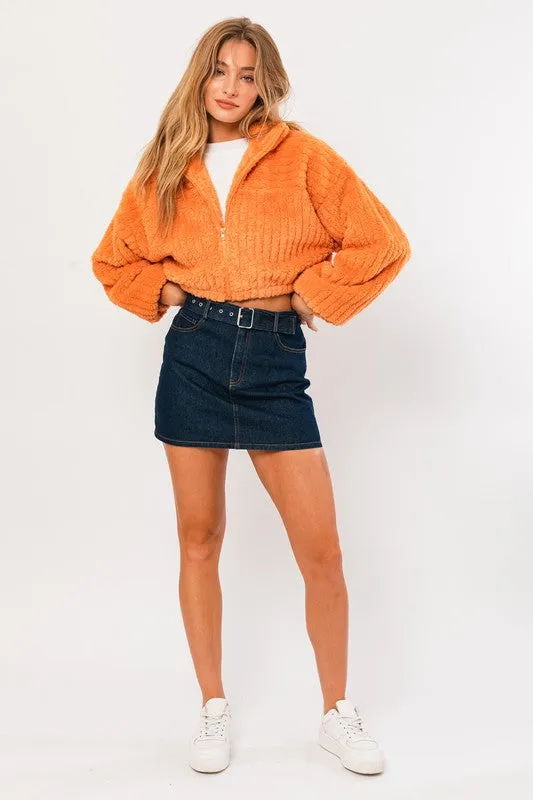 Orange Boxy Fleece Crop Jacket