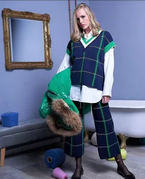 Pame Carrioni Navy/Green Check Knitted Veste