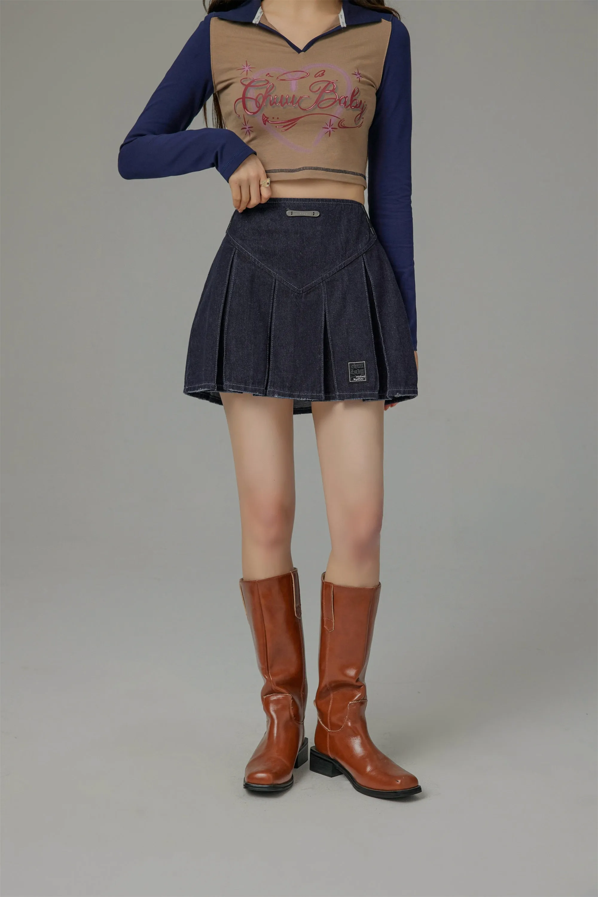 Paradise Island Washed Denim Pleated Skirt