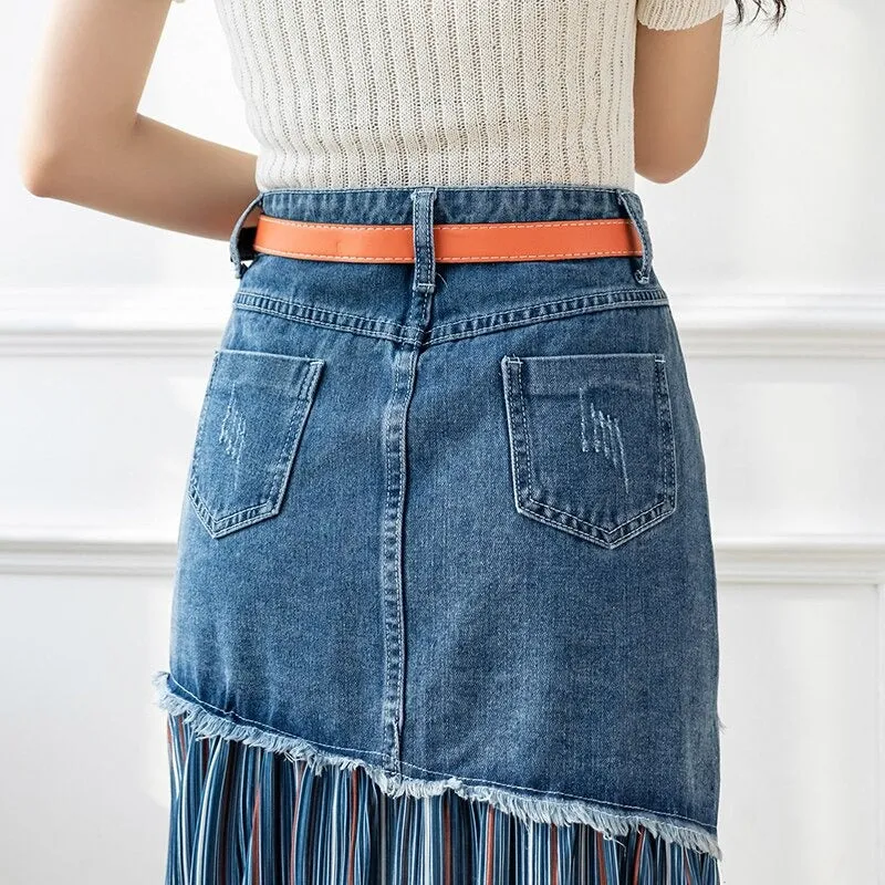 Patchwork Denim Style Pleated High Waist Ripped Long Skirts