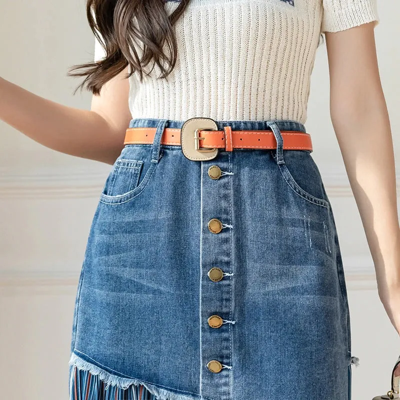 Patchwork Denim Style Pleated High Waist Ripped Long Skirts