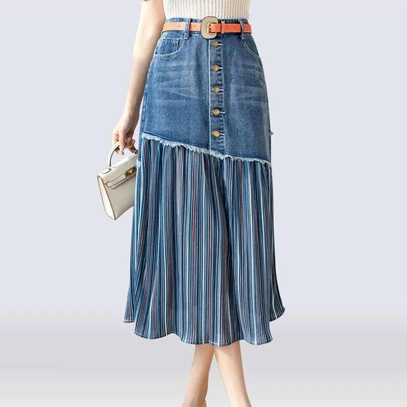 Patchwork Denim Style Pleated High Waist Ripped Long Skirts