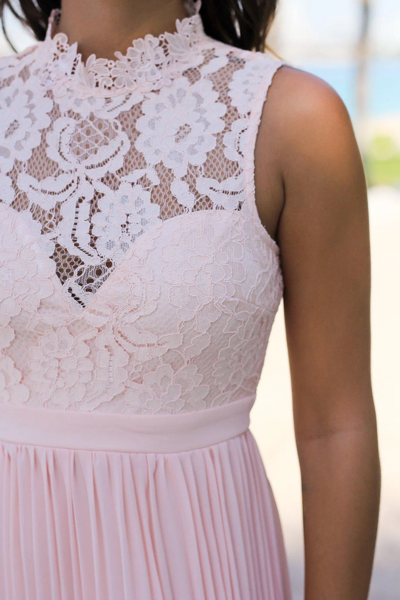 Pink Lace Maxi Dress with Pleated Skirt