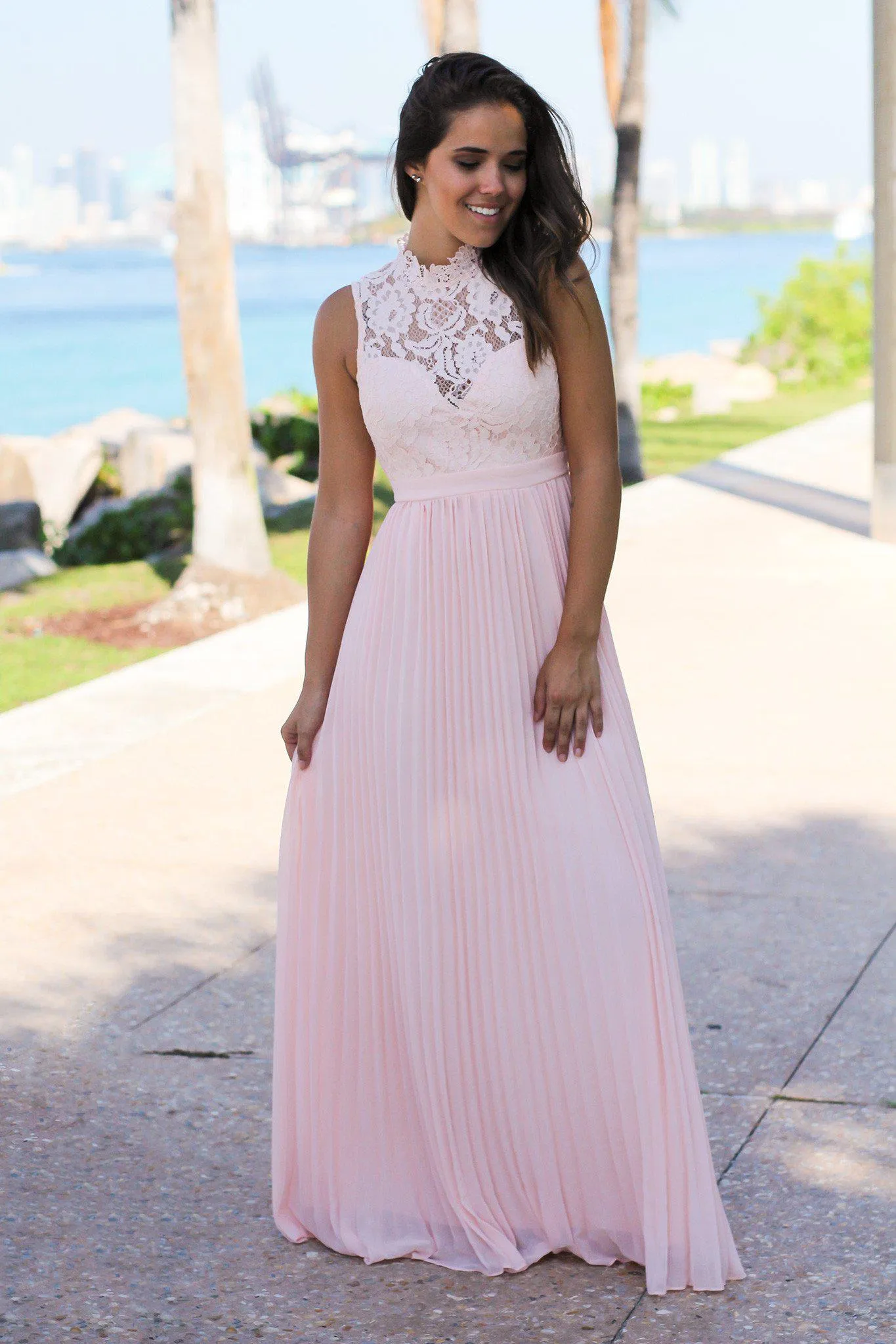 Pink Lace Maxi Dress with Pleated Skirt