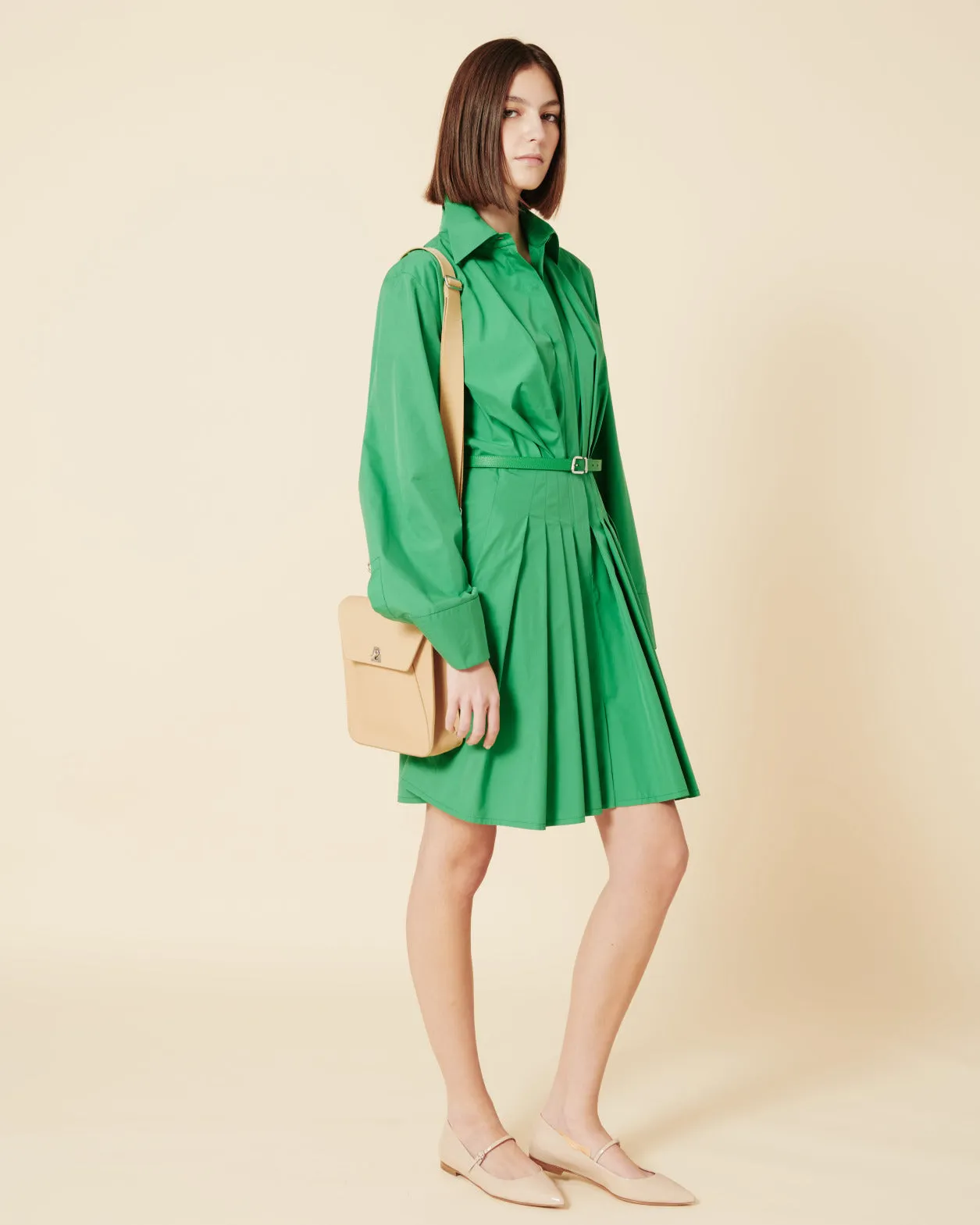 Pleated Cotton Shirt Dress