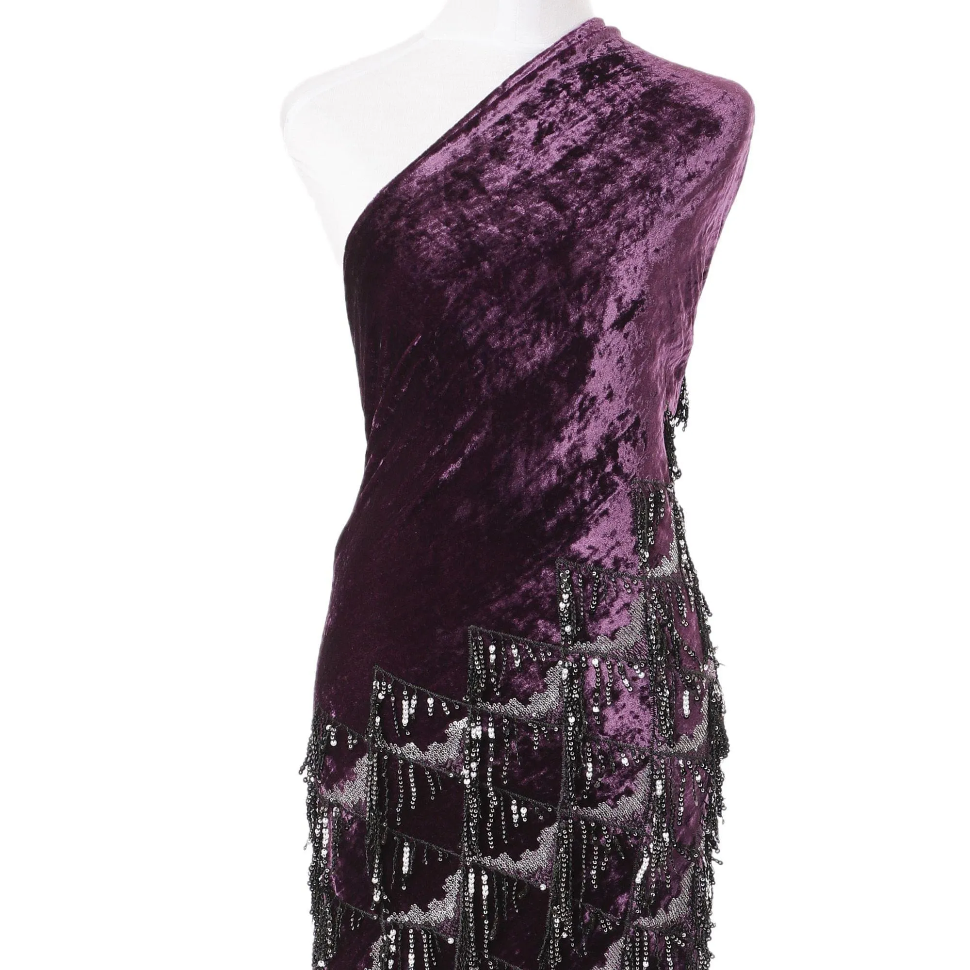 Plum purple silk blended velvet fabric with black embroidery having black and silver sequins in fancy design-D6090