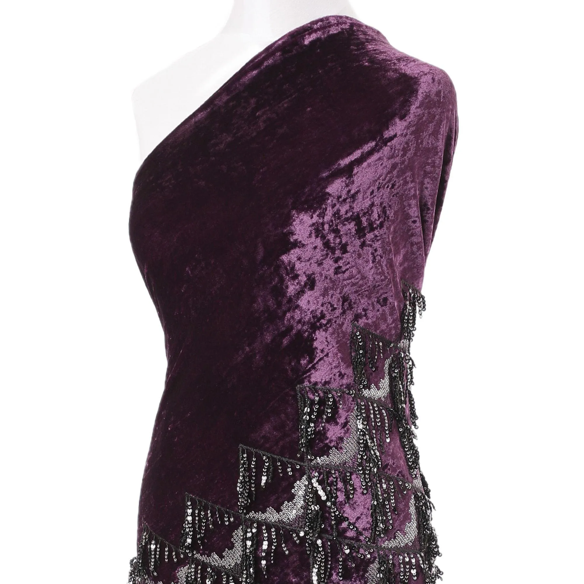 Plum purple silk blended velvet fabric with black embroidery having black and silver sequins in fancy design-D6090